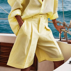 LIZAKOSHT - Casual Shorts for Women Cotton Linen Wide Leg Shorts New Fashion Loose High Waisted Pleated Elegant Yellow Half Pants