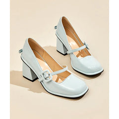 LIZAKOSHT High heeled blue Mary Jane thick heeled round toe patent leather spring and autumn single shoe girl