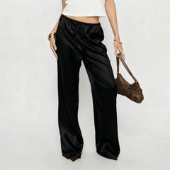 LIZAKOSHT - Women Satin Wide Leg Dress Pants Silk Casual Dressy Long Flowy Pants Elastic High Waisted Trousers