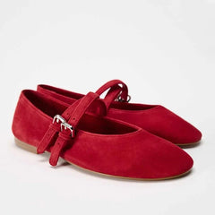 LIZAKOSHT - Red Velvet Upper Round Head Flat Shoes Women Metal Buckle Shallow Mouth Sandals New Leisure Countryside Fashion for Woman