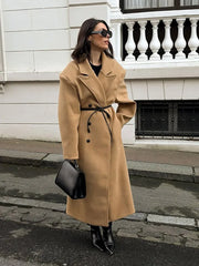 LIZAKOSHT - Retro Woman Solid Flip Collar Double Breasted Loose Overcoat Fashion Full Sleeves Casual Long Coat Female New Commuter Jacket