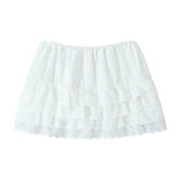 LIZAKOSHT - Sweet Women White Embroidery Hollow Out Hole Mini Skirt Lacing Up Bow Drawstring Waist Spliced Wave Lace Saia Cake Skirt Girl