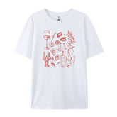 LIZAKOSHT - Italian Seafood Print T-Shirt Women Retro Style Vintage Aesthetic Oyster Lobster T Shirt Cute Foodie Shirt Loose Vacation Tops