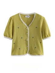 LIZAKOSHT - Sweet Girl French Embroidery V-neck Short-sleeved Shirts Women's Spliced Lace Edged Casual Slimming Age-reducing Blouse Tops