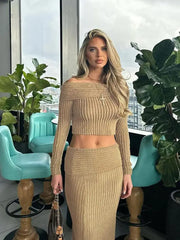 LIZAKOSHT - Off-shoulder Pleated Striped Women's Tops Skirts Sets Elegant Solid Color Long Sleeve Pullover Women Casual Long Skirt Set