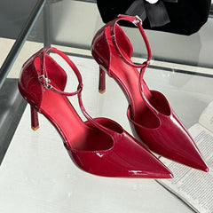 LIZAKOSHT - Sexy Red High Heels Women Pointed Toe Party Dress Shoes T-Strap Patent Leather Elegant Slingback Thin Heels Female Sandals Women