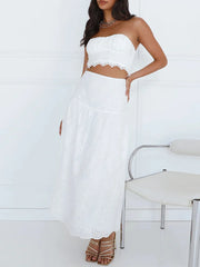 LIZAKOSHT - Women 2 Piece Skirt Set Summer Outfit Solid Color Eyelet Strapless Tube Tops High Waist Long Skirts Clothes Set Party Streetwear