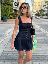 LIZAKOSHT - Vintage Women Cinching Waist Denim Slip Pleated Dress Dark Blue A-line Strap Skirts Distressed Street Wear Casual Jeans Dress