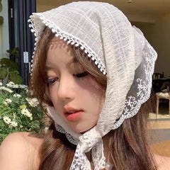 LIZAKOSHT - 7styles Sweet Flower Triangle Hair Scarf Women Girls Square Scarf Headband Korean French Pastoral Headdress Summer Lace Headwear