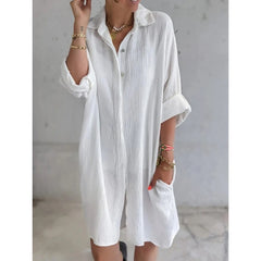 LIZAKOSHT - Women Cotton Linen Solid V Neck Shirt Dress Ladies Autumn Casual Baggy Pockets Sundress