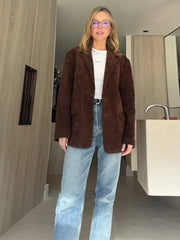 LIZAKOSHT  -  Suede Leather Suit Jacket Coat Vintage Brown Women Cardigan Commuting Fashion Single Breasted Lapel Loose Casual Classic Outwear