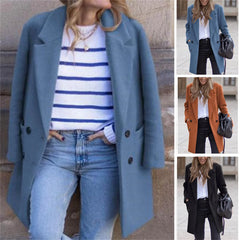 LIZAKOSHT  -  Women Lapel Double Breasted Coats Autumn Winter New In Fashion Jackets Sollid Color Lond Sleeve Pocket Jacket Lady Warm Outwears