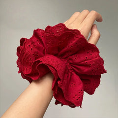 LIZAKOSHT - 1PC Atmosphere-Enhancing Tipsy Red Cotton Fabric Hollow-Out Four-Layer Scrunchie - Elegant Wine-Red Hair Flower Bun Hair Tie