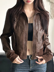 LIZAKOSHT - Safari Style Big Pockets Jackets Casual Pu Leather Turn-Down Collar Long Sleeve Coats Women Autumn Winter Fashion