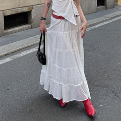 LIZAKOSHT - Cotton White Women'S Long Skirt Boho Holiday Style Sexy Side Split Midi Skirt Female Solid Casual Y2K Aesthetic Outfits