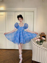 LIZAKOSHT  -  Retro French Lace Spliced Blue Plaid Puff Sleeve Mini Dress Vintage Women Ruffles Short Party Dresses Holiday Robe Vestidos