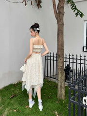 LIZAKOSHT - Irregular V-neck Women Slim Suspender Dress A-line Tie Y2K Pleated Female Dress Design Chic Sexy Dresses