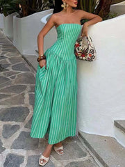 LIZAKOSHT - Women's Casual Pocket Summer Vacation Dress Sexy Strapless Sleeveless Waist Long Dress Striped Print Draped Pocket Elegant Dress