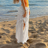 LIZAKOSHT - Beach Holiday Ruffles Long Skirts Lace Up Low Waist Y2K Aesthetic Loose Split Maxi Skirt Women Summer Grunge Fairycore