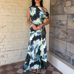 LIZAKOSHT - Women Fashion Irregular Hight Waist Holiday Dress Casual Sleeveless Print Party Dress Elegant Slant Shoulder Draped Long Dress