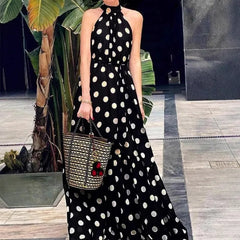 LIZAKOSHT - 2026 Summer Beach Wind Polka Dot Printed Fashion Dress Sleeveless Slim Fit Fashion Temperament Long Dress