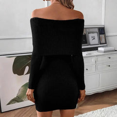 LIZAKOSHT - Women's New Spliced Fashionable Solid Color Slim Fit Casual Long Sleeved Knitted One-piece Collar Dress