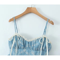 LIZAKOSHT - New Women Bow Tie Lace Trim Floral Print Sling Mini Dress Layered Hem Female Summer Holiday Beach Dresses Sexy Robe