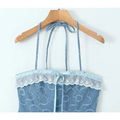 LIZAKOSHT - Summer 2024 Elegant White Lace Patchwork Denim Women's Dress Sexy Halter Strapless Hem Pleated Mini Dress