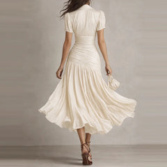 LIZAKOSHT - Temperament Lapel Short Sleeve Commute Dress Elegant Lady High Waist Pleated Dress Summer New Solid Color Simple Party Dresses