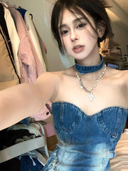LIZAKOSHT - Sexy Party Birthday Dress for Women Sleeveless Strapless Irregularity Patchwork Summer Denim Midi Long Dresses Clubwear