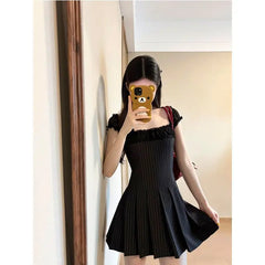 LIZAKOSHT - Korean Spice Girl Striped Dress 2026 Summer Design Sense One-word Shoulder Splicing Slim Women's Short Skirt
