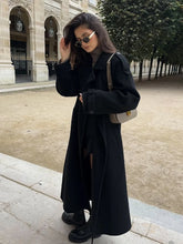 LIZAKOSHT - 2025 Black Elegant Double Breasted Lapel Belt Woman Woolen Coat Chic Solid Color Full Sleeves Casual Long Jacket New Street Wear