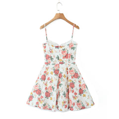 Sexy Flower Print Cotton Corset Style Sling Mini Dress Women Lace V Low Chest Ball Gown Swing Party Robe