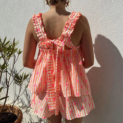 LIZAKOSHT - Spring Print Two Piece Set Women Sexy Square Collar Backless Tie-up Top+Short Outfit Summer Sleeveless Hollow Holiday Beach Suit