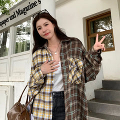 LIZAKOSHT - Vintage Plaid Patchwork Shirt Spring Autumn Women's New High Street Versatile Cardigan Fashion Loose Y2K Top
