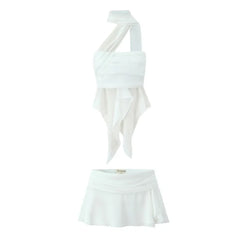 LIZAKOSHT - Women Waistband Ruched Frisky Ruffle Chiffon Slit Mini Skirt