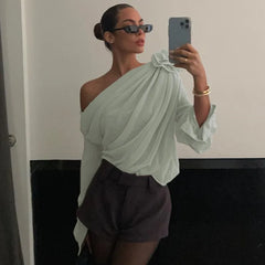 LIZAKOSHT - Sexy Elegant Irregular Oblique-neck Rose Flower Applique T Shirt Summer Off Shoulder Long Sleeve Crop Tops Street Mesh Tees