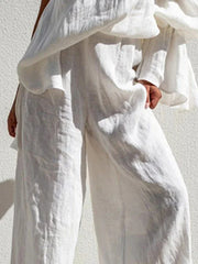 LIZAKOSHT - Solid White Casual Pants for Women Cotton and Linen Pants Elegant High Waisted Loose Female Clothes Wide Leg Trousers