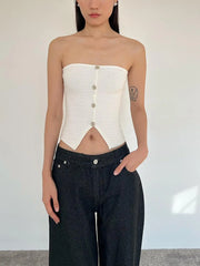 LIZAKOSHT - Women Off The Shoulder Button Up Sleeveless Knitted Crop Top
