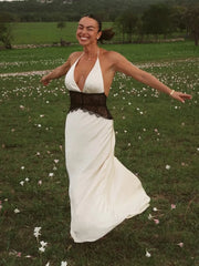 LIZAKOSHT - Patchwork Lace Long Dress For Women Deep V-neck Halter Sleeveless Draped Backless Robe 2025 Summer Elegant Female Party Dresses