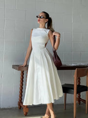 LIZAKOSHT - Elegant Backless Women White Sleeveless Midi Dress Fashion Slim O-neck Pleated Hem A-line Dresses Summer Female Chic Party Robes