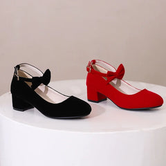 LIZAKOSHT - spring autumn women pumps plus size 22-26.5cm flock ankle buckle Mary Jane shoes butterfly knot thick heel women shoes