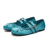 LIZAKOSHT - Sweet Blue Round Toe Mary Janes Flats Footwear Cute Satin 2 buckle Straps pink Ballet Style Shoes Women