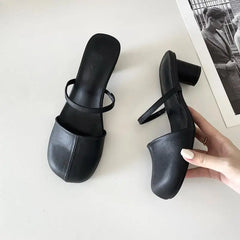 LIZAKOSHT - Shoes Low Slippers Casual Slides Cover Toe Square heel Women Heels Pantofle Luxury Summer Block High PU Fashion Rome Fabric