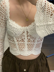 LIZAKOSHT - Sexy Women Backless Knitted T-shirts Vintage Bohemian Hollow Out Crochet Crop Tops Square Neck Flare Sleeve Tees Shirts