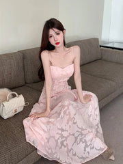 LIZAKOSHT - Jacquard Spagehtti Strap Evening Dress Women New High Waist Large Swing A-line Dresses Sexy Sweet Slim Party Robe