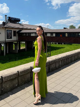 LIZAKOSHT - Chic Satin Slip Long Dress For Women Cowl-neck Sleeveless Side Split Hip Package Robe 2025 Summer Elegant Female Party Dresses