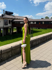 LIZAKOSHT - Chic Satin Slip Long Dress For Women Cowl-neck Sleeveless Side Split Hip Package Robe 2025 Summer Elegant Female Party Dresses