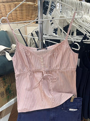 LIZAKOSHT - Drawstring Pink Striped Tank Pant Set Women Summer Button Sleeveless Slim Camis+Straight Trousers Sweet Cute Pajama 2 Piece Sets