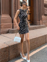 LIZAKOSHT - Women Sleeveless Polka Dot Mesh Tank Dress Ladies Chic Half High Collar High Waist Bodycon Short Party Dresses Streetwear
